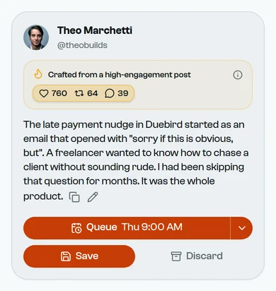 A draft about raising Duebird's price from $9 to $15, built from a post with 1,840 likes, 212 reposts and 96 replies.