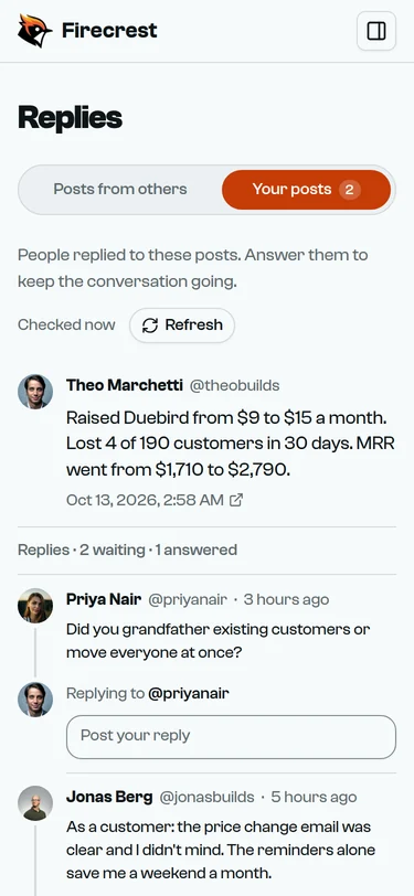 Theo's post about raising his price, with two replies waiting, one answered, and a reply box under the first.