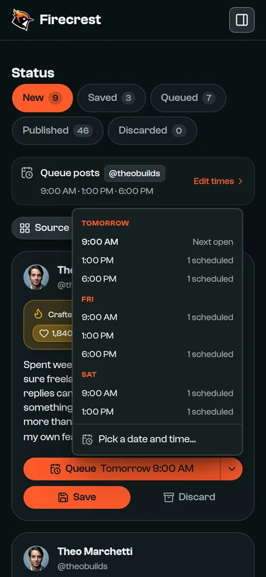 A draft's posting-time menu, listing the next slots by day and how many posts each one already holds.