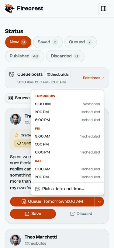 A draft's posting-time menu, listing the next slots by day and how many posts each one already holds.